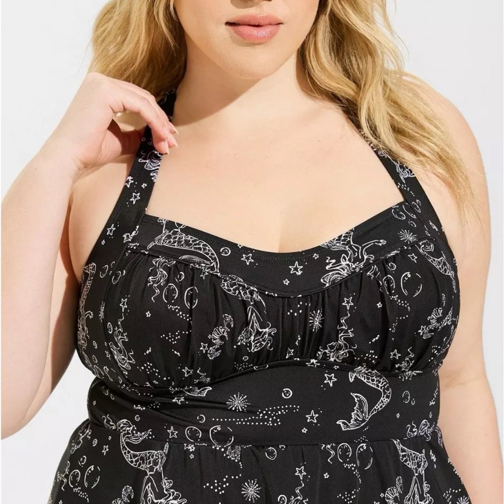 Torrid Black Mermaid Print Retro Wireless Long Swim Dress Swimsuit 2X 18 20 - Picture 4 of 14